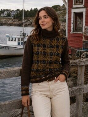 JW Anderson 100% Wool Fair Isle Turtleneck Sweater Brown Fisherman Heritage Knit